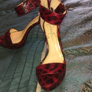 Red/black animal print heels